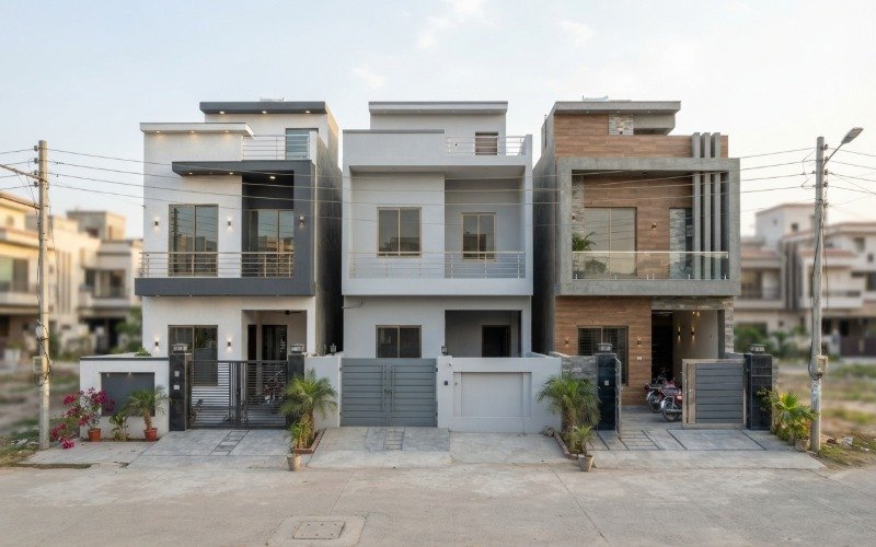 Modern double-story houses with contemporary facades
