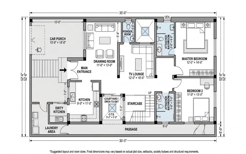 10 Marla house floor plan with 2 bedrooms, master bedroom, kitchen, TV lounge, and car porch.