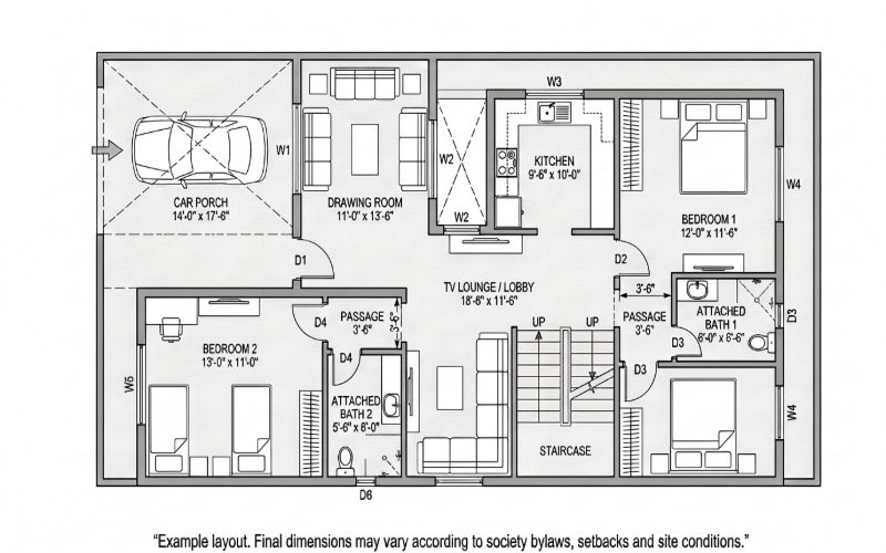 5 Marla house floor plan with 2 bedrooms, attached baths, kitchen, drawing room, and car porch.