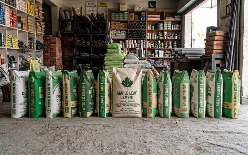 Cement bags displayed in a hardware store with different brands and Cement Price Today options.