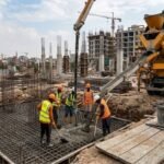 Construction workers pouring ready mix concrete into a building foundation in Lahore, showing the latest Concrete Price Today for construction projects.