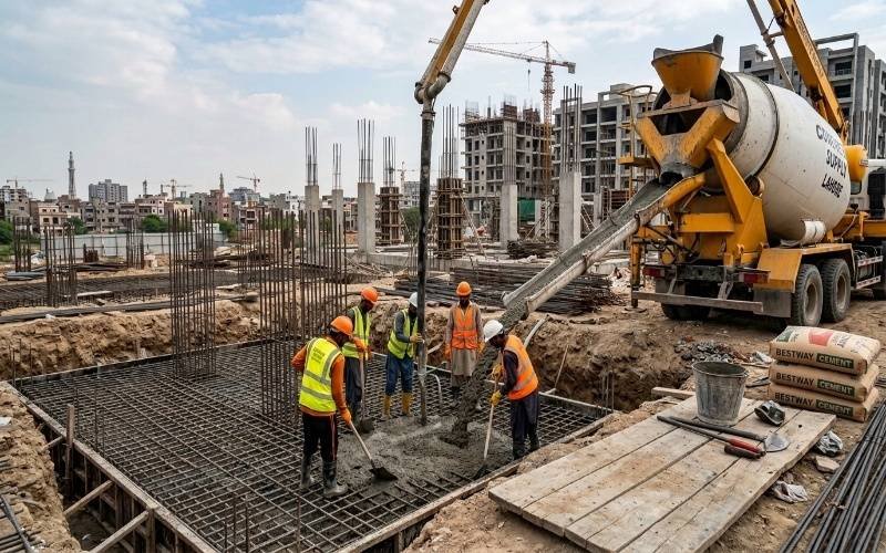 Construction workers pouring ready mix concrete into a building foundation in Lahore, showing the latest Concrete Price Today for construction projects.