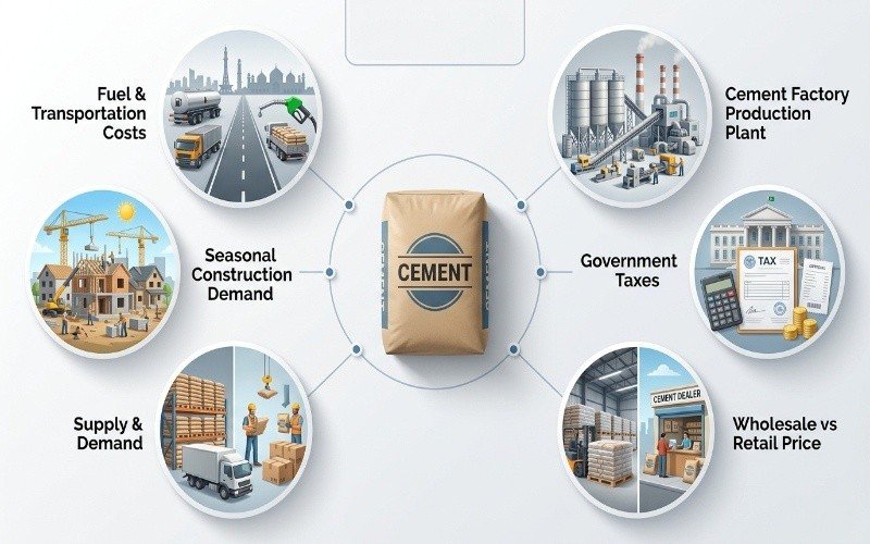 Infographic showing factors that affect Cement Price Today, including supply, demand, taxes, and transportation costs.