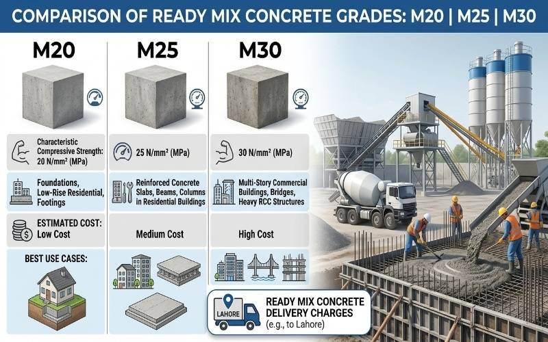 Comparison of M20, M25, and M30 ready mix concrete grades with Concrete Price Today guide.