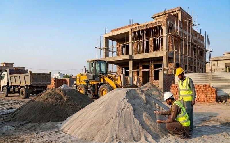 Sand Price Today in Pakistan with sand piles at a house construction site and workers inspecting materials.