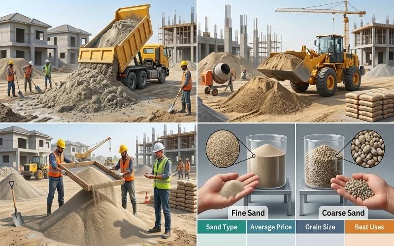 Sand Price Today in Pakistan showing fine sand, coarse sand, construction materials, and an active building site.