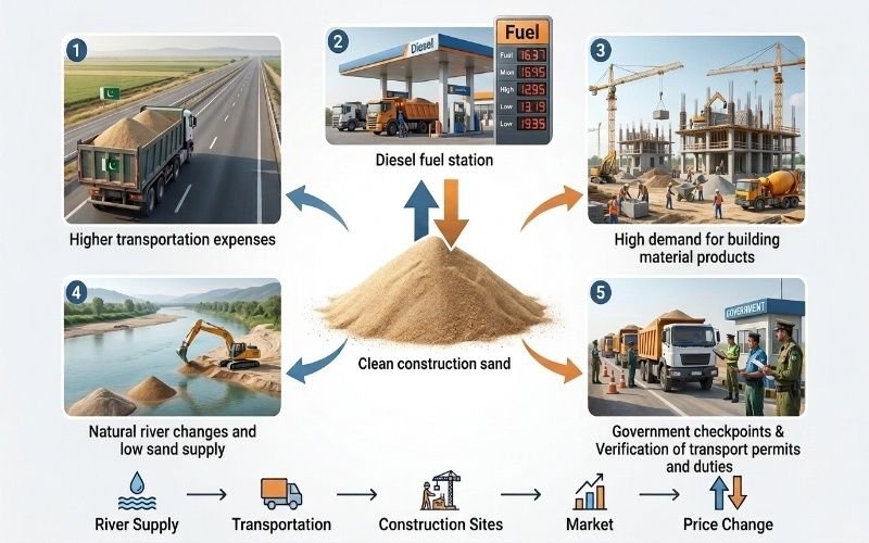 Sand Price Today in Pakistan infographic showing key factors that affect construction sand prices.