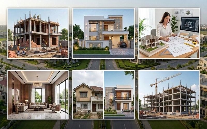 Best Construction Company in Bahria Town Lahore offering architectural design, grey structure construction, modern home building, and interior design services.