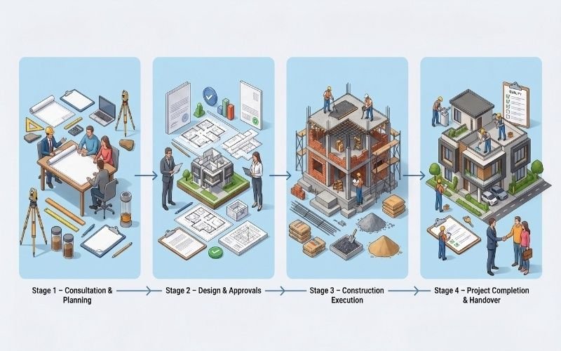 Construction process by the best construction company in DHA Lahore, from planning and design to project handover.