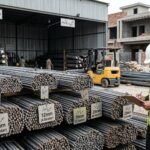 Saria Price Today in Pakistan with steel reinforcement bars at a construction material yard.