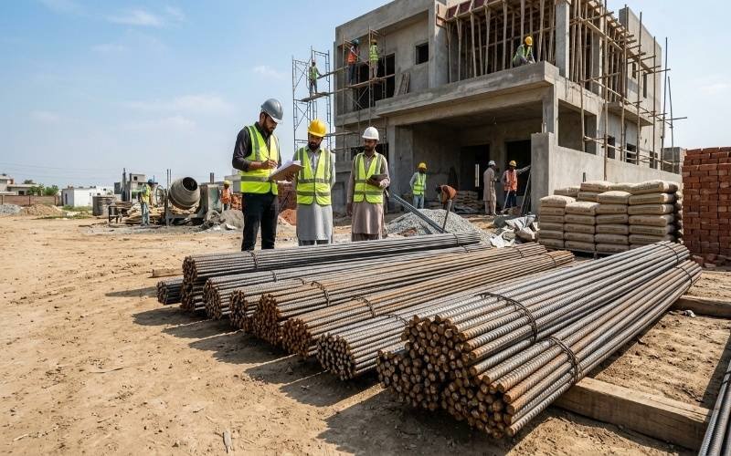 Saria Price Today in Pakistan at a house construction site with steel reinforcement bars.