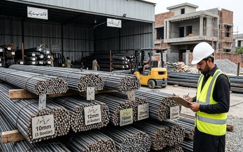 Saria Price Today in Pakistan with steel reinforcement bars at a construction material yard.