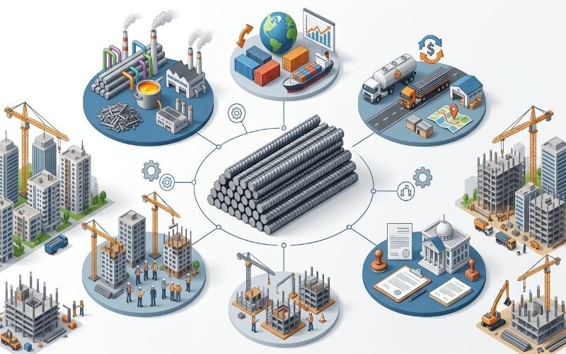 Saria Price Today in Pakistan infographic showing steel bars, construction, and supply chain.