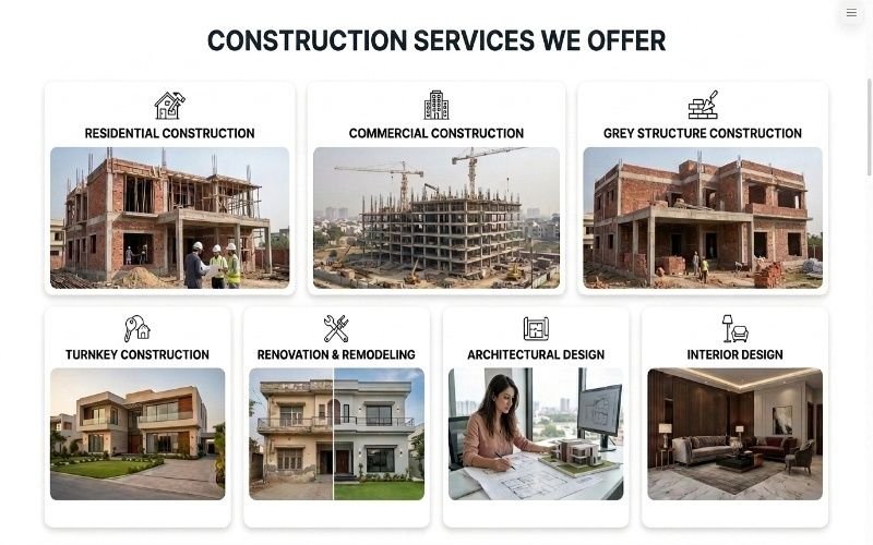 Construction services by a trusted Constructions Company, including residential, commercial, grey structure, and interior design.