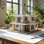 Modern house model on architectural blueprints, showing best architectural design services in Pakistan.