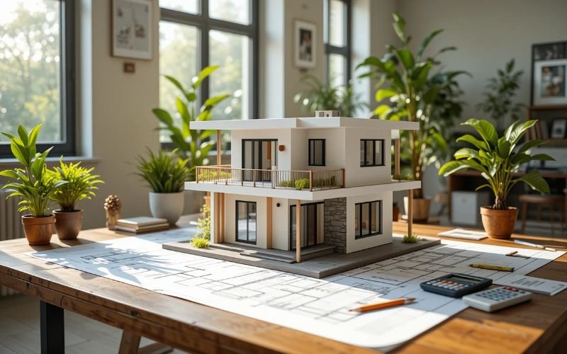 Modern house model on architectural blueprints, showing best architectural design services in Pakistan.