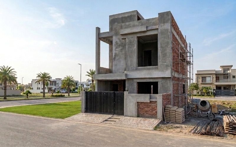 Modern Constructions Company building a two-story grey structure house in a residential community.
