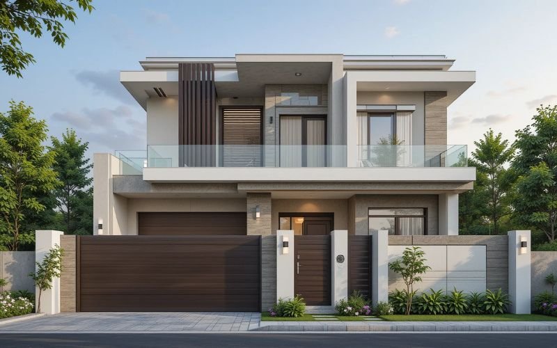 Modern double-story house featuring a simple architectural design with clean lines, glass railings, and a wooden gate.