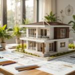 3D model of a modern house with simple architectural design placed on a table with floor plans and drawing tools.