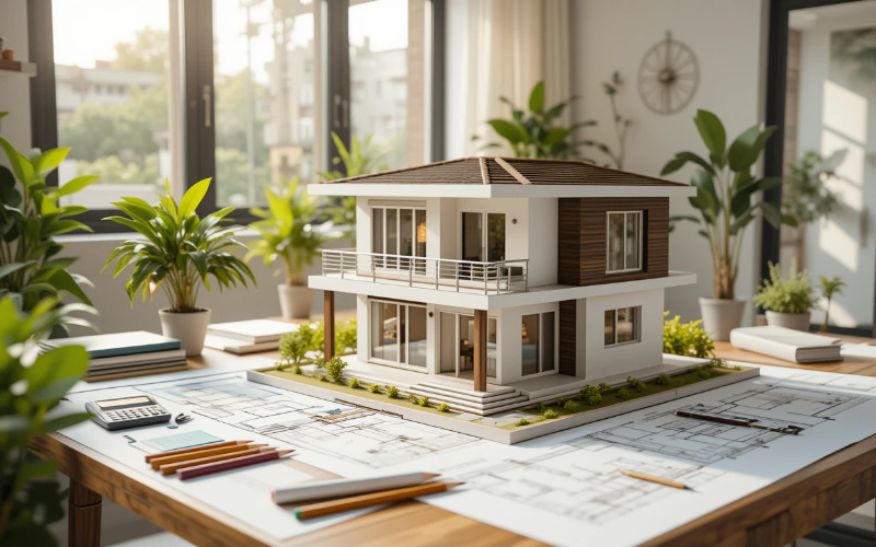 3D model of a modern house with simple architectural design placed on a table with floor plans and drawing tools.