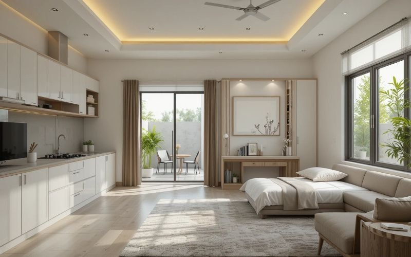 Modern open-plan living space with simple architectural design featuring a bedroom and kitchen in natural tones.