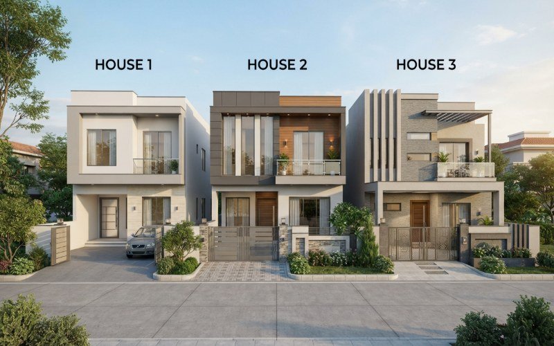 Three modern house front elevation designs