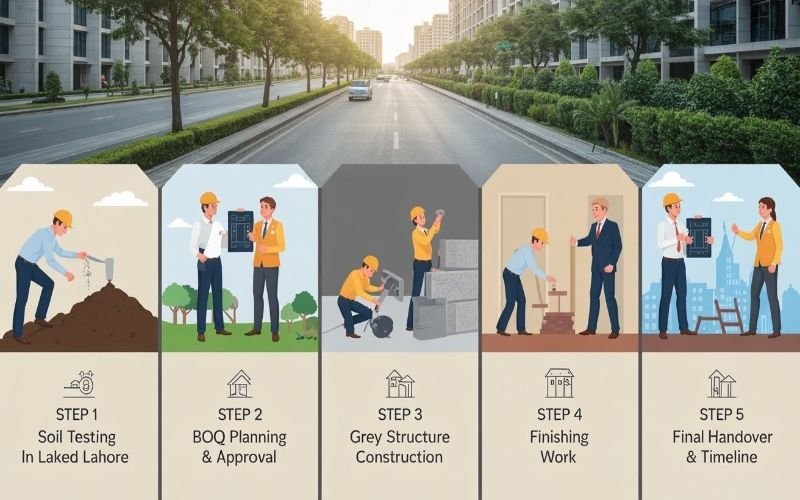 Illustration showing the step-by-step construction process in Lake City Lahore by the best construction company, including soil testing, BOQ planning and approval, grey structure construction, finishing work, and final handover with timeline.