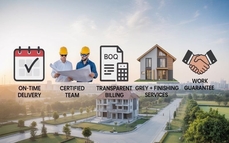 Icons showing on-time delivery, certified team, transparent billing, grey and finishing services, and work guarantee by the best construction company in Lake City Lahore.