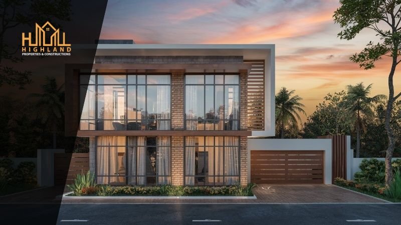 Modern front elevation design featuring expansive glass panels and stylish tiles, showcasing a contemporary architectural look with warm lighting and a landscaped exterior.