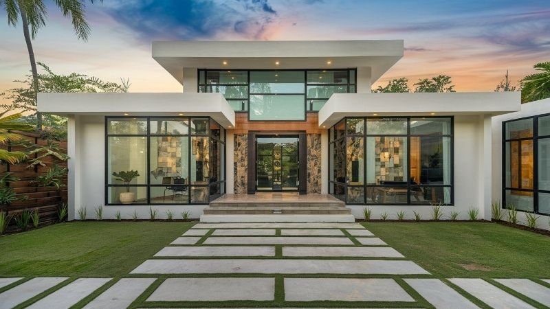 Elegant modern front elevation featuring large glass panels and decorative tiles, with a minimalist architectural design and a beautifully landscaped pathway.