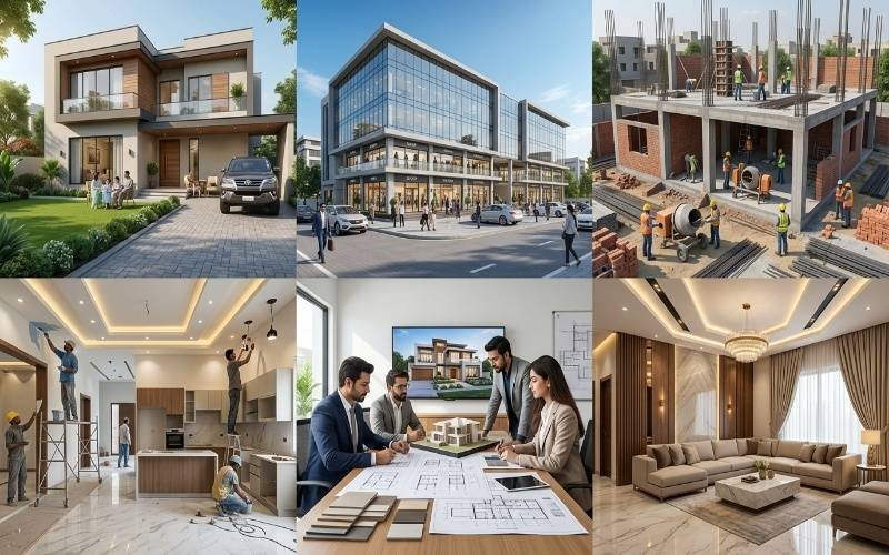Services offered by a Construction Company in Lahore including home construction, commercial projects, and interior design.
