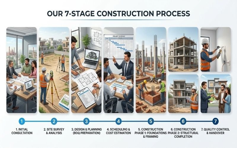 7 stage process by a Construction Company in Lahore from consultation to project handover.