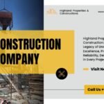 Highland Properties and Construction banner showcasing a construction site with a worker and crane, highlighting their services as a leading Construction Company in Lahore.