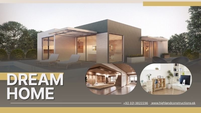 Modern house design with a sleek exterior, featuring spacious interiors and a well-organized home office setup. Highland Constructions offers Bahria Orchard House Construction Services.