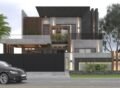 Modern luxury house exterior with sleek black and grey design, stylish lighting, and lush green landscaping. A black Audi is parked in front, enhancing the elegant look.