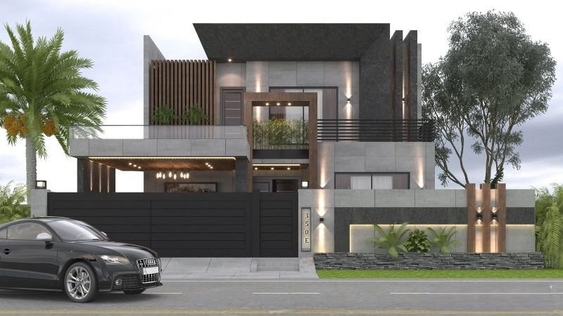 Modern luxury house exterior with sleek black and grey design, stylish lighting, and lush green landscaping. A black Audi is parked in front, enhancing the elegant look.