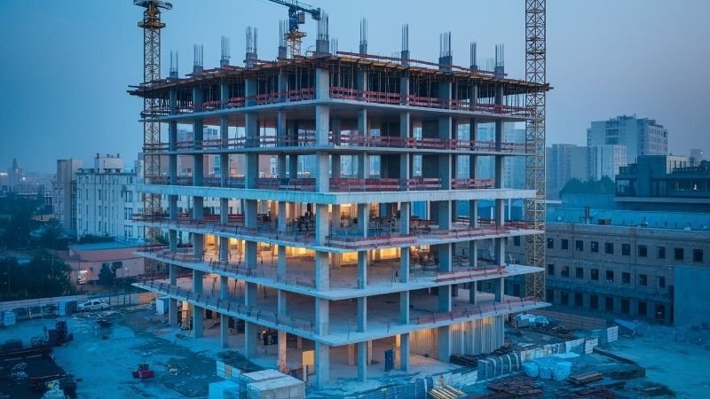 Modern commercial building under construction in Lahore with cranes and structured frameworks, highlighting expert commercial property construction services.