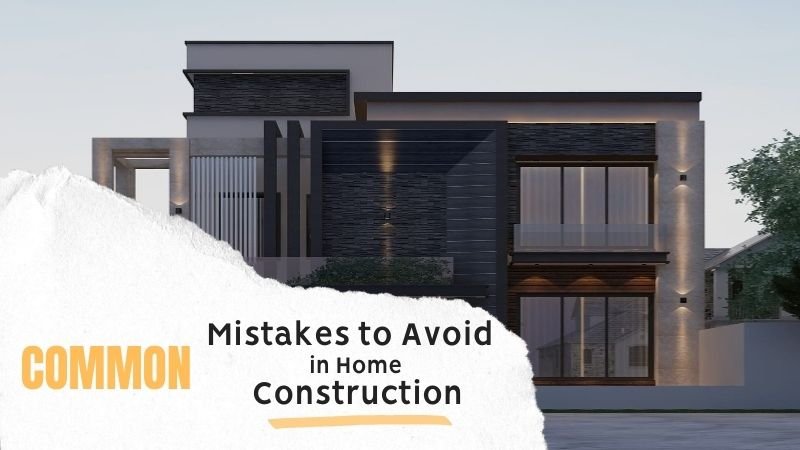 Modern house exterior with stylish lighting and contemporary design, featuring a banner that highlights common mistakes to avoid in home construction.