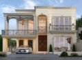 A beautifully designed modern house with elegant exterior details, featuring wrought iron balconies, large glass windows, and a spacious car porch. The perfect representation of high-quality house construction in Lahore.