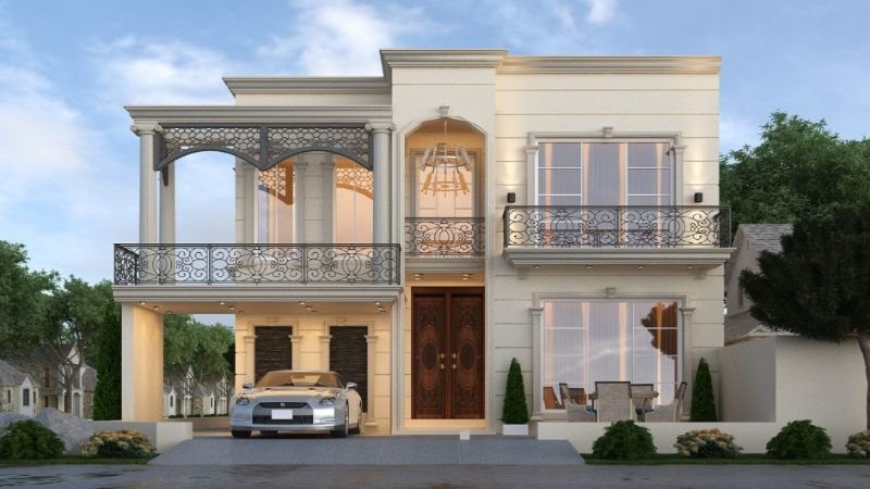 A beautifully designed modern house with elegant exterior details, featuring wrought iron balconies, large glass windows, and a spacious car porch. The perfect representation of high-quality house construction in Lahore.