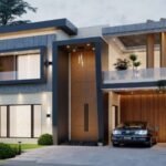 A modern luxury house designed by DHA Lahore Property Developers, showcasing contemporary architecture with a sleek façade, large glass windows, wooden accents, and lush greenery in the surroundings.