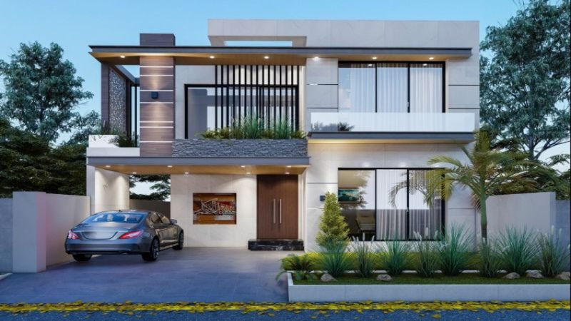 Modern double-story house design with sleek architecture, featuring large glass windows, a car porch, and landscaped greenery.