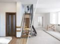 Before and after house renovation – a modern, fully furnished interior on one side and an unfinished construction site on the other. House Renovation Services in Lahore.