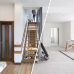 Before and after house renovation – a modern, fully furnished interior on one side and an unfinished construction site on the other. House Renovation Services in Lahore.