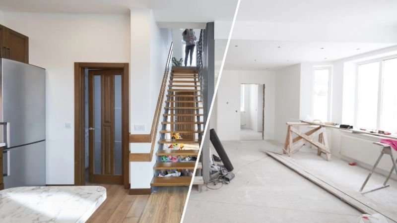 Before and after house renovation – a modern, fully furnished interior on one side and an unfinished construction site on the other. House Renovation Services in Lahore.