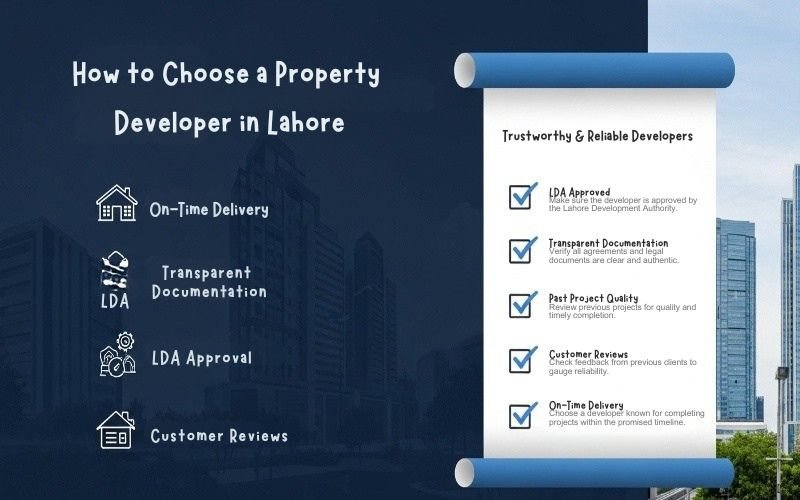 Infographic on how to choose a property developer in Lahore, highlighting LDA approval, transparent documentation, on-time delivery, and customer reviews essential for successful residential property development in Lahore.