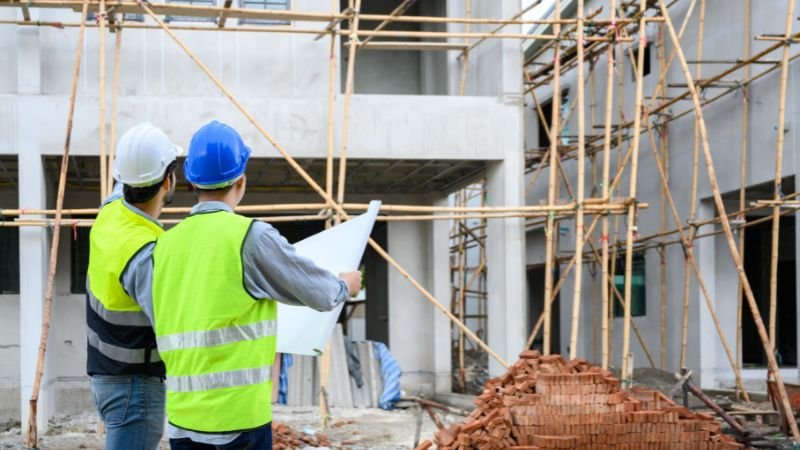 Construction professionals reviewing a building project plan on-site, emphasizing the importance of timely project delivery in construction.