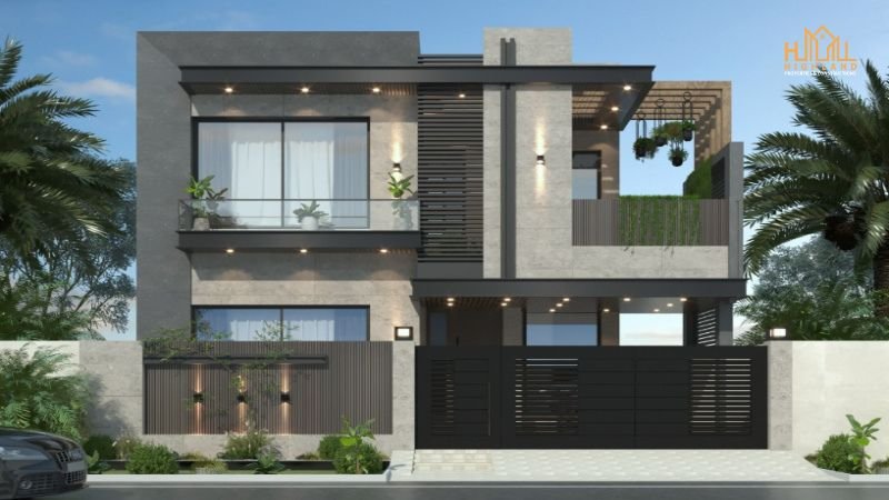 Modern luxury home with a sleek grey facade featuring expansive glass windows, lush greenery, and contemporary architectural details, showcasing premium construction in Lahore.