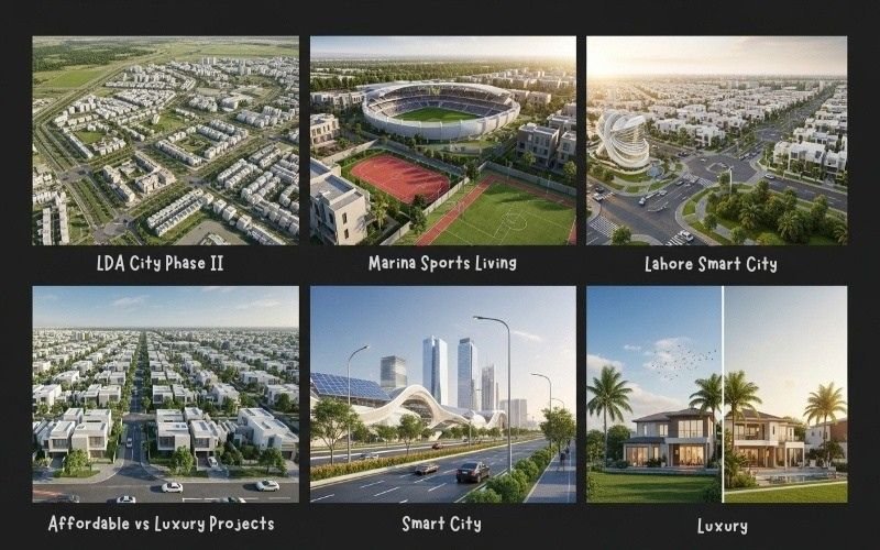 A collage of new residential property developments in Lahore, including LDA City Phase II, Marina Sports Living, and Lahore Smart City showcasing modern housing projects and upcoming real estate growth in Lahore.