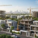 Modern residential property development in Lahore showing under-construction luxury houses, cranes, and city skyline in the background representing Lahore’s growing real estate projects in 2025.
